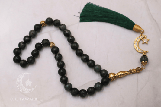 Dark Green Sparrow Stone 33 Prayer Beads Islamic Tasbeeh Handmade