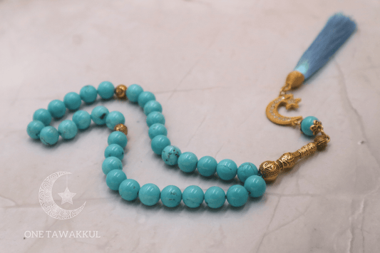 Turquoise Feroza Stone 33 Prayer Beads Islamic Tasbeeh Handmade Gold Tassel